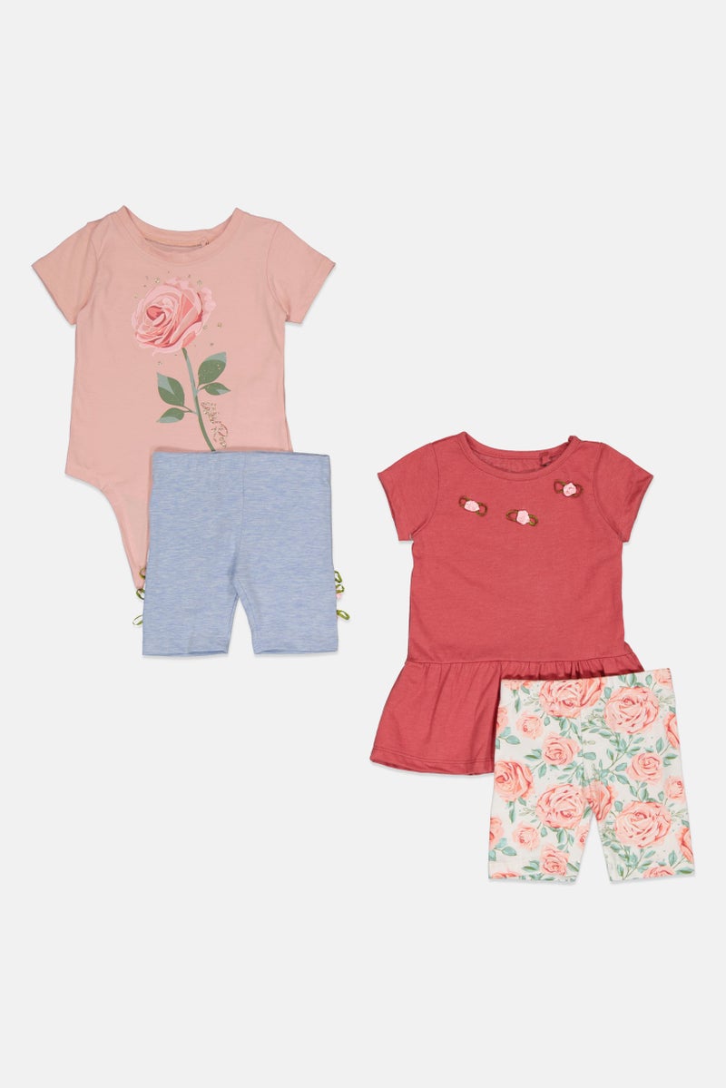 Freestyle طقم تي شيرت وشورت مزخرف بالأزهار للفتيات الصغيرات 4 قطع، متعدد الألوان - Image 4